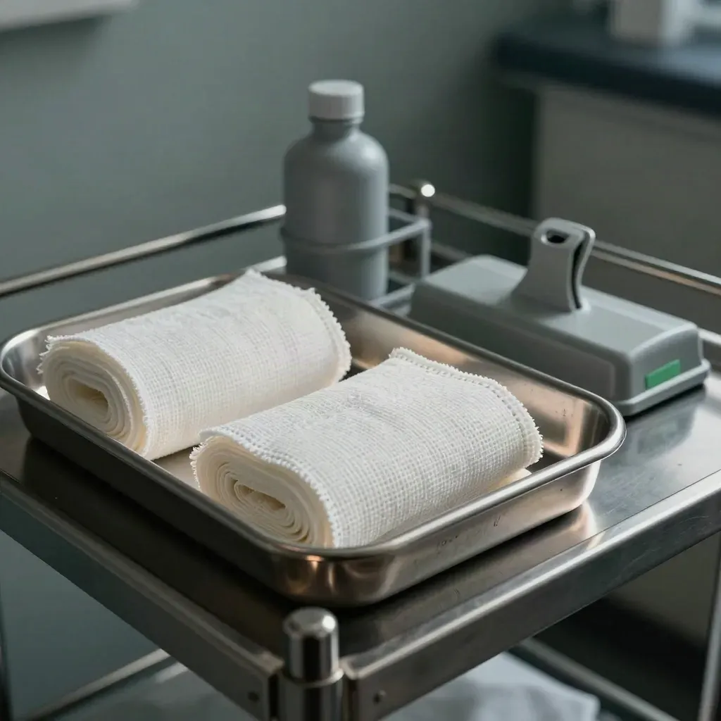 Steriele RVS tray met gaasrollen, vialrek en grijze klem op een klinische werktafel.