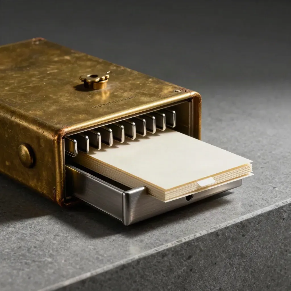 Messing gewicht, muntlade en metalen indexhouders op steen, dramatisch belicht.