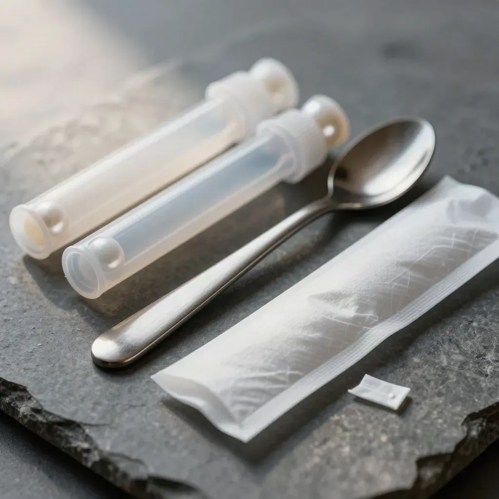 Steriele zorgset met sampletubes, instrumentlepel en trayclip op koele steen.