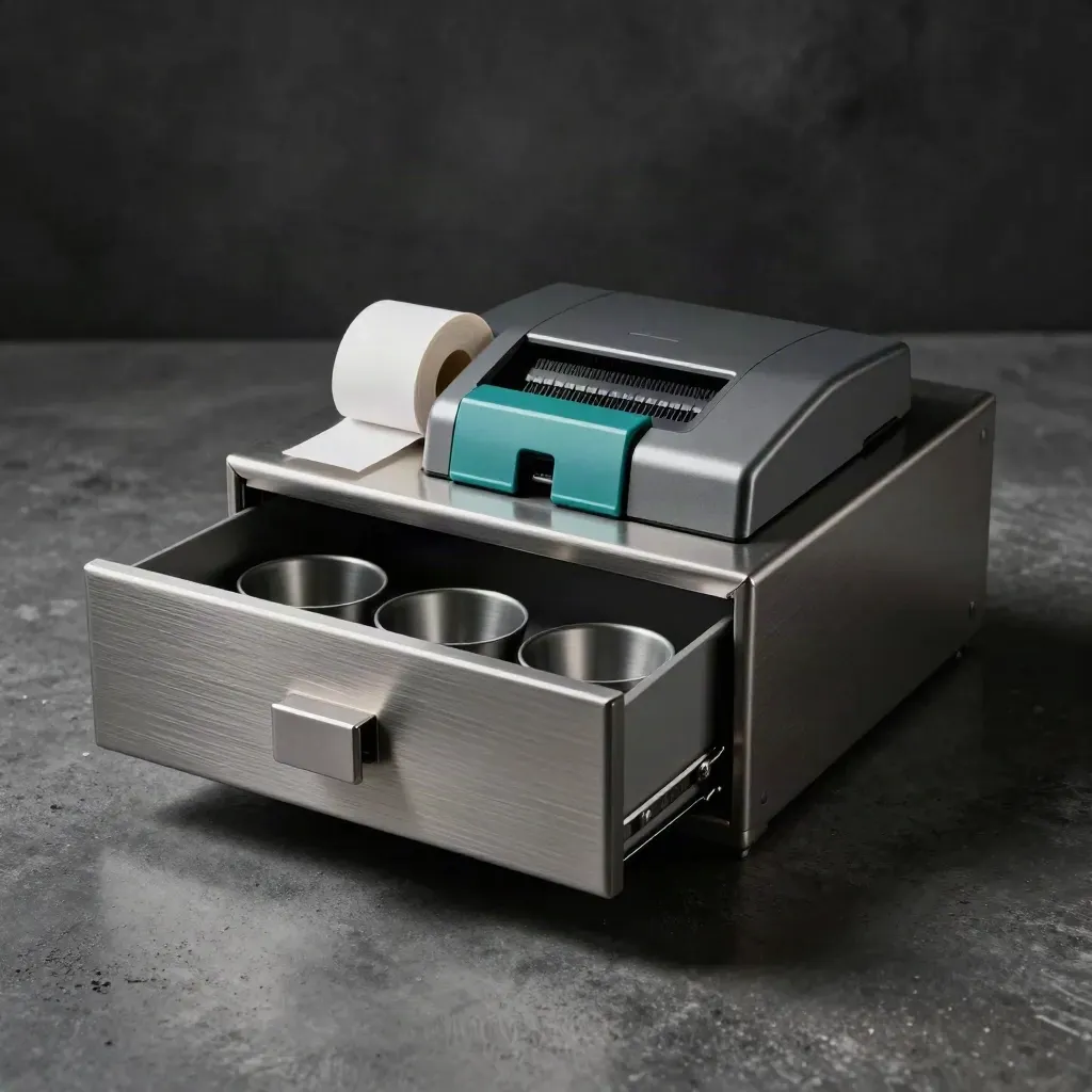 Open kassalade met muntcups, receiptrol en printer op donkere steen, in dramatisch licht.