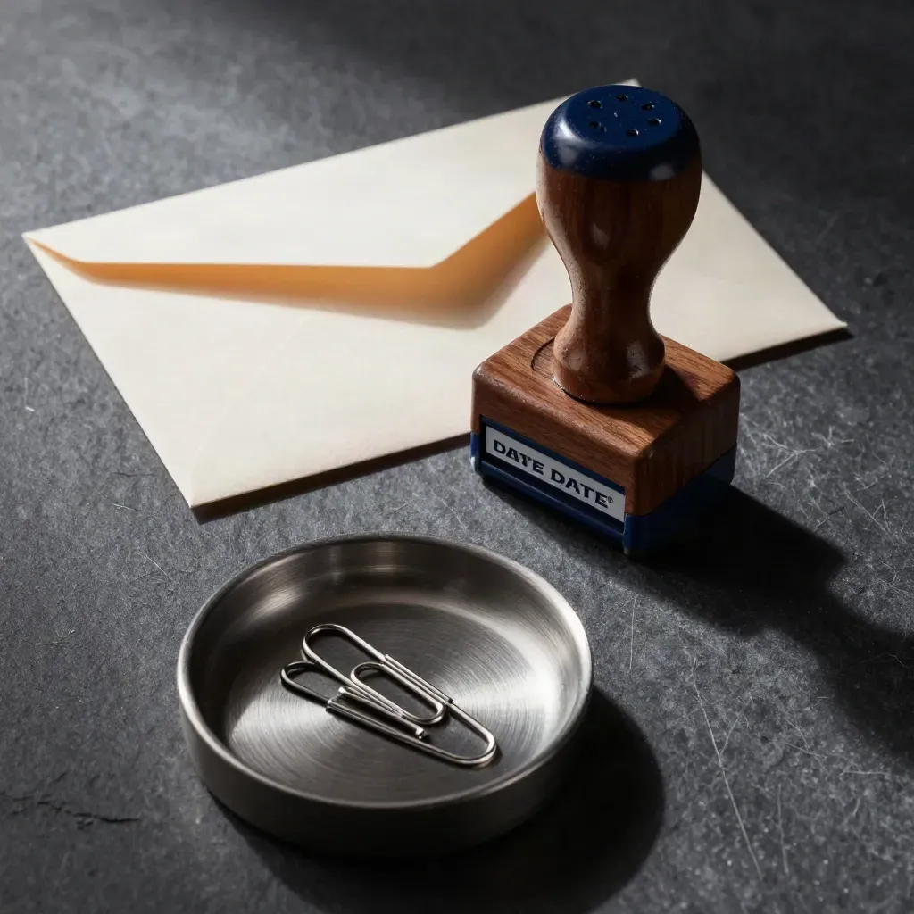 Bovenaanzicht van een datumstempel naast enveloppen en paperclipbakje op donkere steen.