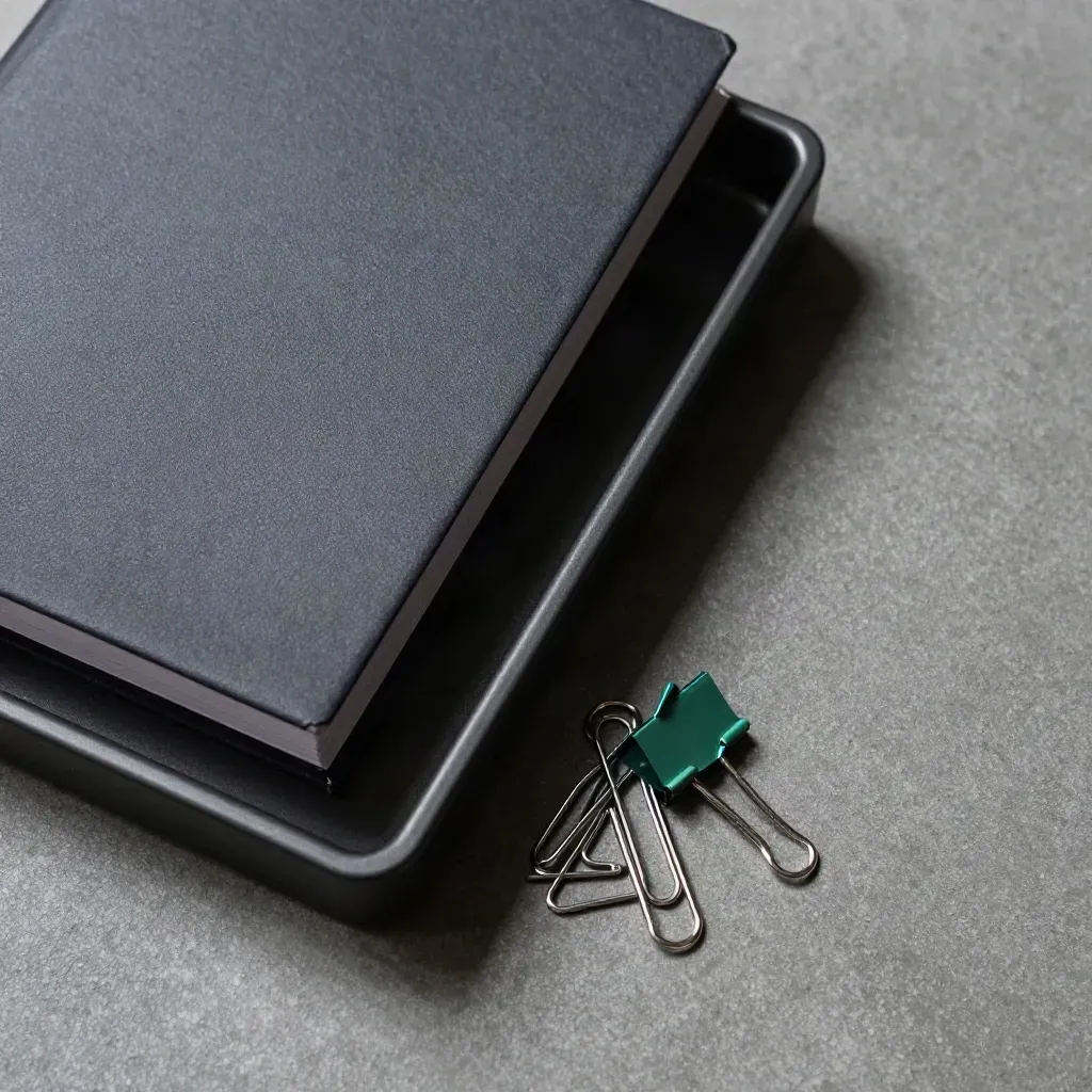 Bovenaanzicht van een bankbatch-tray, gesloten grootboek en paperclips op koel beton.