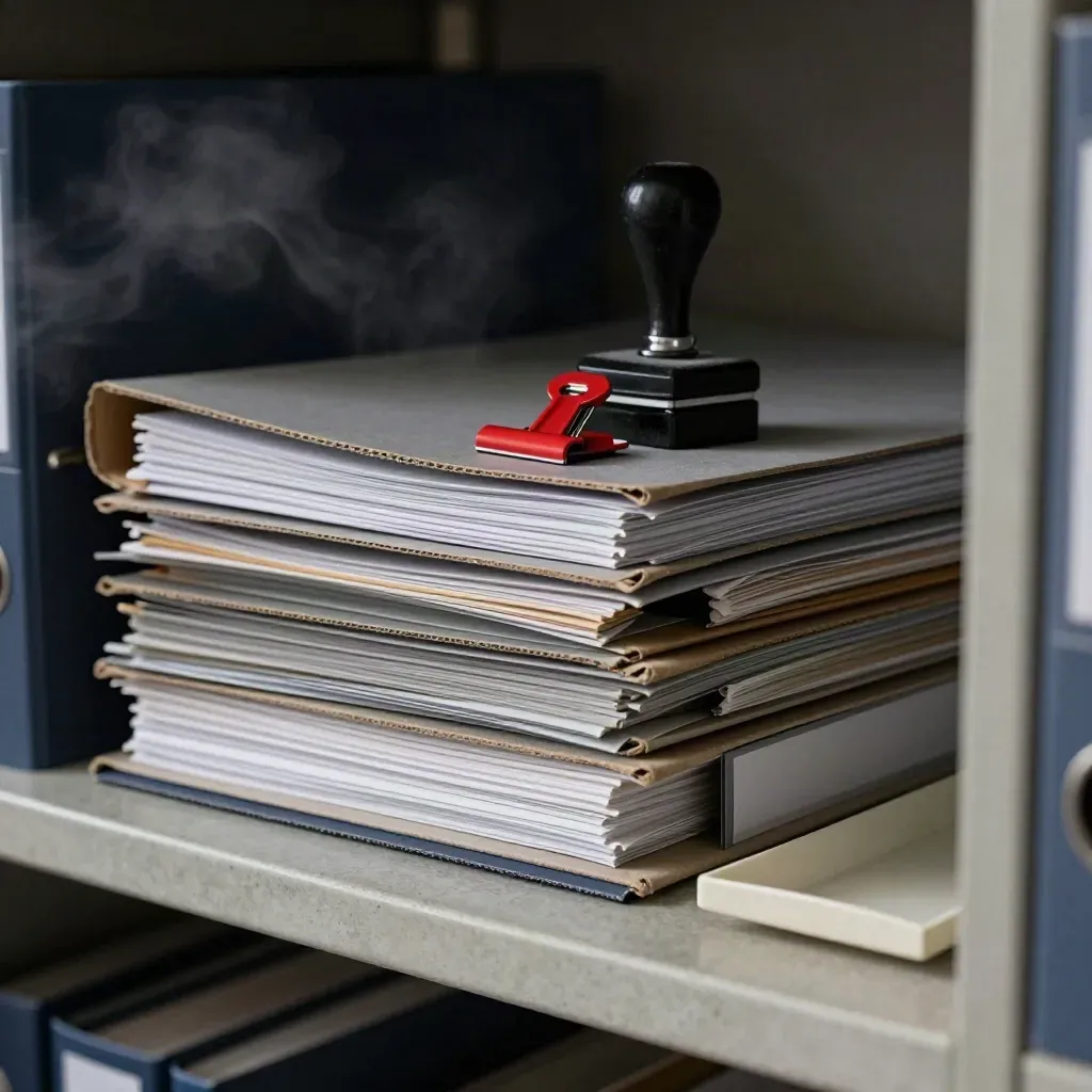Gestapelde dossiermappen met statusclip, stempel en papieren tray in donker studiolicht.