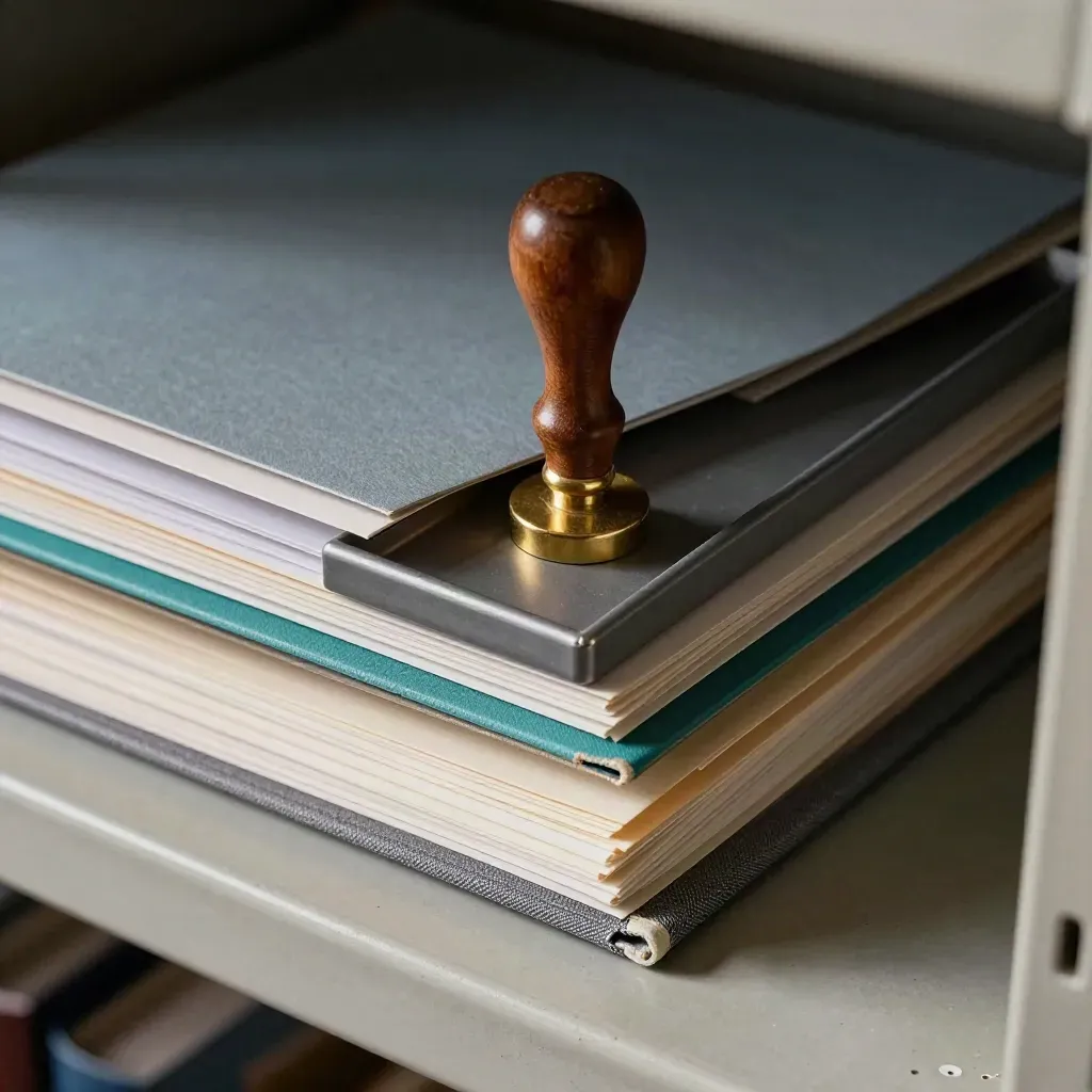 Casemappen, sealstempel en dossierbak in koel licht met teal accent.