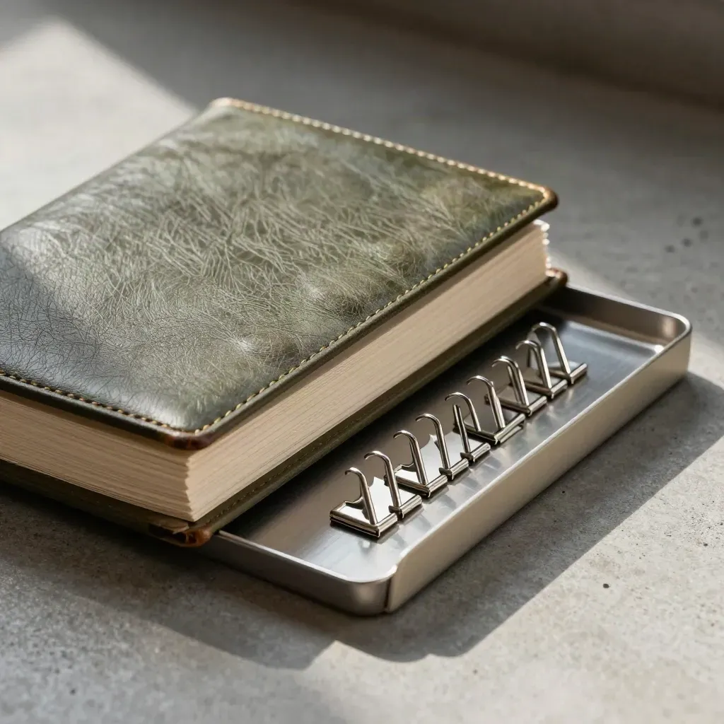 Macro stilleven van grootboek, bankafschrift-tray, metalen clips en archiefwig op beton.