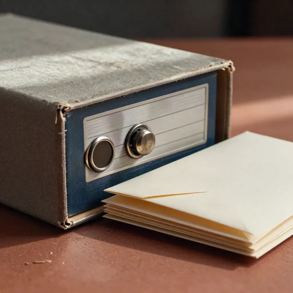 Archiefdoos, tabs, sealpress en enveloppenstapel in zacht macrolicht met donkere bokeh.