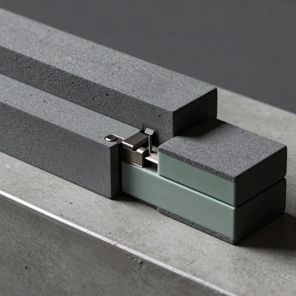 Donkere modulaire metalen blokken met scharnierplaat en pin op koel beton, met subtiele groene accent.