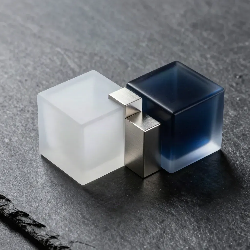 Matte stenen blokken met glas en metaal op donkere steen, van boven gefotografeerd.